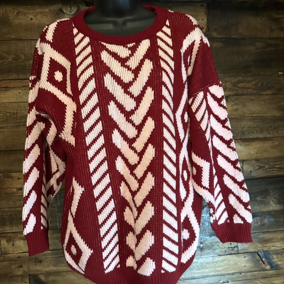 Vintage Sweaters - Vintage College Point Red and Pink Patterned Sweater